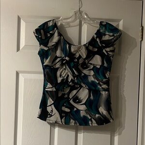 Cleo Artistic Print Blouse - Black, White, and Blue